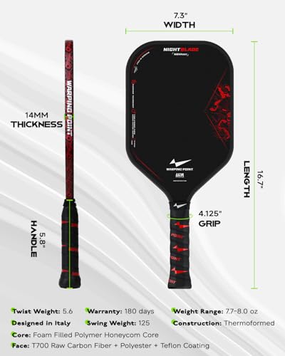 Nightblade Pickleball Paddle Trusted by Tina Pisnik, Foam Filled Polymer Honeycomb Core, UPA-A & USAPA Approved, Endura Friction Surface, Long Handle for Two Handed Backhand, Enhanced Impact Feel Spin
