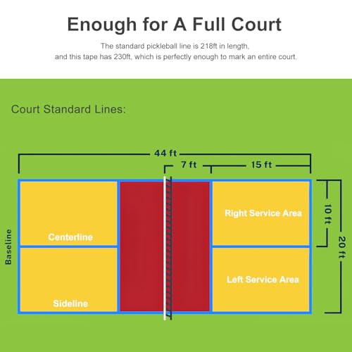 VloEssic Portable Pickleball Court Tape Lines Outdoor/Indoor, 2in x 230FT Temporary Pickleball Court Marking Kit, Pickleball Tape for Outdoor Court, Like Pickleball, Badminton, Tennis, Basketball