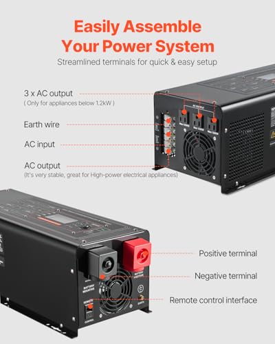 VEVOR Pure Sine Wave Inverter Charger, 2000 Watt, DC 12V to AC 120V, Battery Charger with LCD Display, Remote Control, Solar Inverter for Off-Grid Solar RV Boat Home, Compatible with Various Batteries