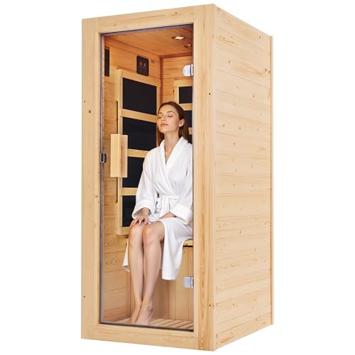 Jocisland 1 Person Infrared Sauna–Low EMF 110V Red Light, Pre-Warms to 149℉ in 20 Minutes,106lbs Lightweight Spruce Wood Infrared saunas,Compact Dry Sauna for Home Spa & Apartments