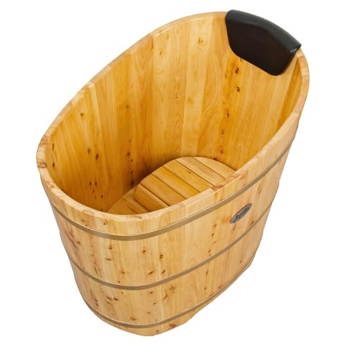 JRYTIN 34 Inches Small Handcrafted Free Standing Wooden Bathtub, Portable Deep Soaking Tub for Relaxation, Natural Cedar Wood, Ideal for Home Spas and Bathroom Renovations, Perfect Hot Tub Option