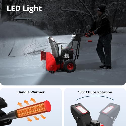 PowerSmart 24-Inch Self-Propelled Two-Stage Gas Snow Blower with 208cc B&S Engine, Electric Start, 13-Inch Snow Tires, Handle Warmer, and LED Lights