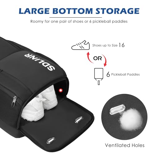 SDLINR Pickleball Bag Fits 4 to 10 Paddles, Large Pickleball Backpack with Shoe Compartment and Fence Hook, Pickle ball Gifts for Men Women (Black)
