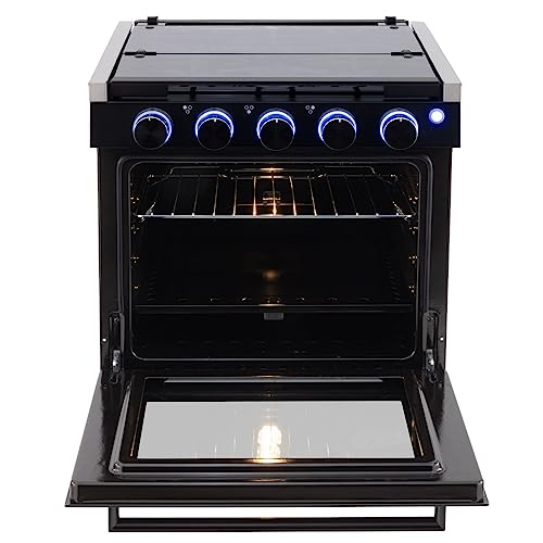 RecPro RV Stove Black Finish | Gas Range 21" Tall | 6500 and 8000 BTU Three Burner | 7100 BTU Oven with 1.8 Cu. Ft Capacity | Optional Vented Range Hood