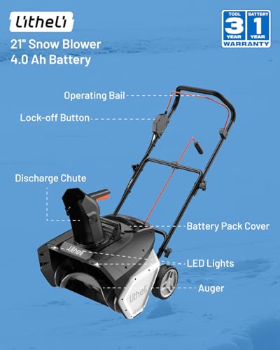 Litheli Cordless Brushless Snow Blower, 20'' 40V Electric Snow Thrower for Driveways, 4.0Ah Battery Included