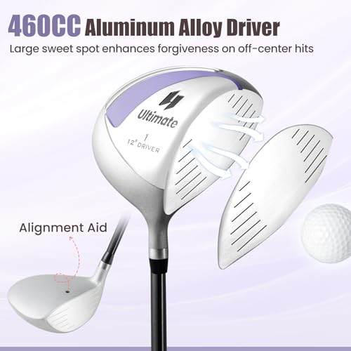 Tangkula 10 Pieces Women's Complete Golf Clubs Set Right Hand, Includes 460cc Alloy #1 Driver & #3 Fairway Wood & #4 Hybrid & #6/#7/#8/#9/#P Irons, Putter, Golf Club Set (Purple)