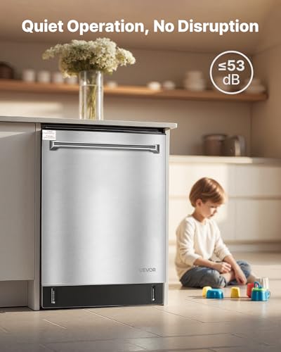 VEVOR 24 Inch Built-In Dishwasher, Stainless Steel Tub, 14 Place Settings and 8 Washing Programs, 23.82 x 25.2 x 33.78 Inch Low-Noise Dishwashing Machine with Upper/Lower Racks and Zoned Storage
