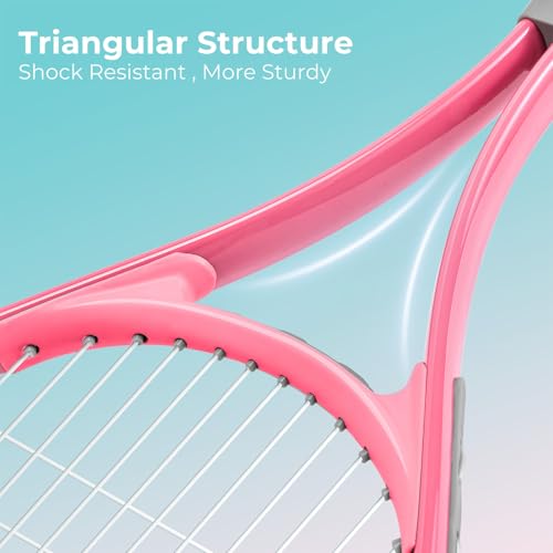 HIRALIY 27" Tennis Rackets Set for Adults, 2 Player Pre-Strung Tennis Racquets, 2 Overgrip Tapes,3 Balls, and 1 Carrying Bag, Outdoor Recreational Sport for Beginner (Pink/Green)