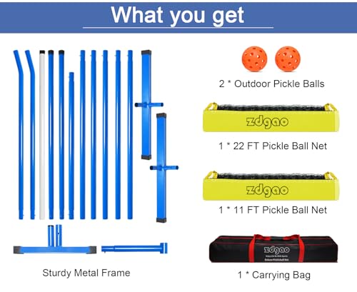 Portable Pickleball Net, Regulation Size 22FT and 11FT Half Court Size 2-in-1 Pickle Ball Net with 2 Pickleballs and Carry Bag for Driveway, Backyard, Street, Weather Resistance Steady Steel Frame