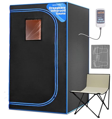 SereneLife Portable Sauna Box for Home, Infrared Sauna Tent with Heated Foot Pad and Folding Chair, Remote Control In-Home Spa, 35" x 71" - inch (Black)