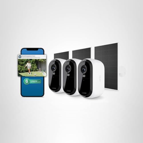 Arlo Essential Security Camera (3rd Gen - 2025 Release) 3 Cam + 3 Solar Panels + 6 Months of Secure Plus Plan - 2K, Person Recognition, Package Detection, Animated Preview, Dual-Band WiFi, White