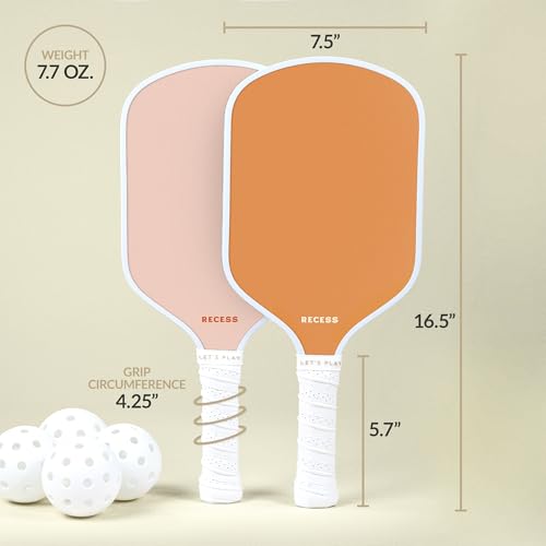 Recess Pickleball Starter Set, Premium Pickleball Paddles Set of 2 & Four (4) Pickle Balls - Strong & Durable Fiberglass, Lightweight, Honeycomb Core & Comfort Grip Handles - Perfect for Beginners