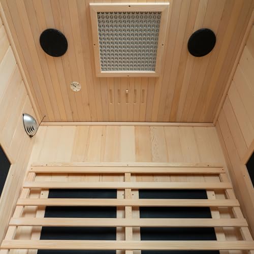 Woodbridge Infrared Home Sauna Room 2 Person Japanese Cedar Indoor Sauna with 7 Carbon Heaters, Red Light Therapy, Bluetooth Speaker, Intelligent Control Panel, Tempered Glass & Top Vent