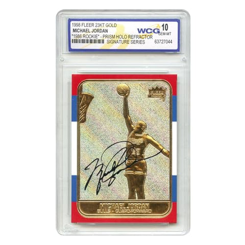 1998 Michael Jordan Fleer '86 Rookie Overstamp Signature Series 23KT Gold Card Prism Holo Refractor - Graded Gem-Mint 10