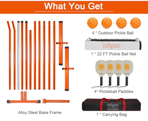 Zdgao Portable Pickleball Net Set with Paddles Set of 4, 22FT Official Size Pickleball Net, 4 Outdoor Pickleballs and Carry Bag, Weather Resistance Strong Steel Frame