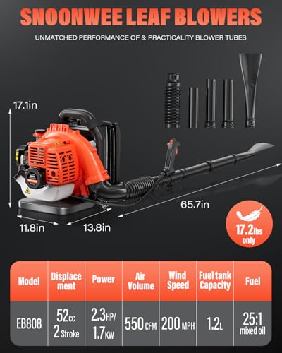 Snoonwee Backpack Leaf Blower Gas Powered – Commercial 52cc 2-Stroke Engine, 200 MPH & 550 CFM Heavy Duty Blower for Lawn Care, Debris & Snow (A808-2)
