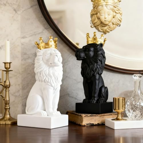 Lion Statue Indoor Tilted-Head Lion Figurine Collectible-13 Inch Black Lion Sculpture with Gold Crown Home Decor for Desk Decorations,Black and Gold Living Room Bedroom Decor Best Gift for The Man