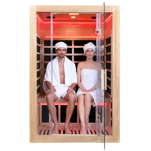 2 Person Infrared Sauna, Hemlock Wood Low EMF Infrared Saunas for Home, 1760w/120v Indoor Personal Sauna Room with Bluetooth, 7 Color Therapy Light, 7 Heating Panels