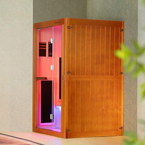 Woodbridge Infrared Home Sauna Room 2 Person Japanese Cedar Indoor Sauna with 7 Carbon Heaters, Red Light Therapy, Bluetooth Speaker, Intelligent Control Panel, Tempered Glass & Top Vent
