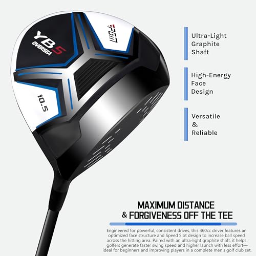 PGM 14 Pieces Men's Complete Golf Club Set - Full Set with 460cc Driver, Fairway, Hybrid, Irons, Putter & Headcovers - Right Handed - Ideal for Beginners - Graphite(Without Golf Bag)