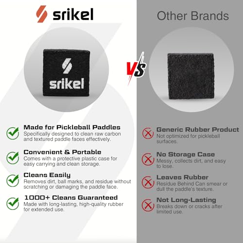 Srikel Pickleball – Paddle Cleaner Eraser with Carrying Storage Case, Premium Carbon Fiber Pickle Ball Racket Cleaner, Fast & Easy Rubber Eraser Removes Ball Residue, Dirt & Scratches, Black