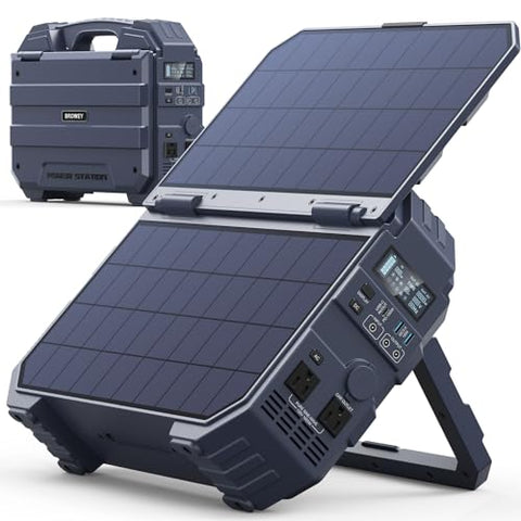 BROWEY 1600W (3200W Peak) Portable Power Station, 1024Wh LiFePO4 Battery with Built-in Solar Panel, 100W USB-C PD, Solar Generator for Camping, RV, Home Backup, Emergency (Dark Blue)