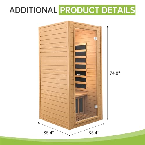 Real Relax 1 Person Infrared Sauna, Indoor Near Zero EMF Canadian Hemlock Wood Sauna with 1400W, 9 Chromo Therapy Lights, Oxygen Lonizer, Bluetooth, LCD Control Pannel for Home Spa Days