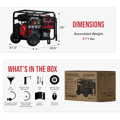 DuroStar DS13000MXT 13,000-Watt 500cc Tri Fuel Portable Generator - Gas, Propane & Natural Gas, Remote Electric Start, Whole Home Power Backup, Transfer Switch Ready, RV & Emergency Ready