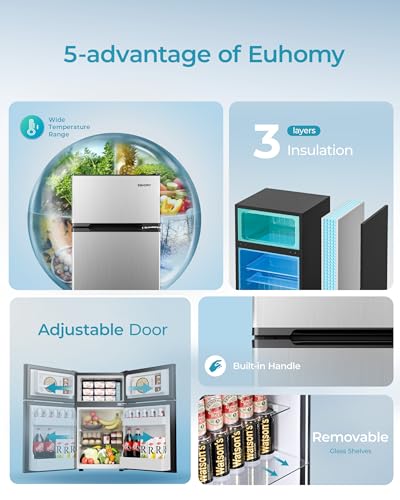 EUHOMY Mini Fridge with Freezer, 3.2 Cu.Ft Mini Refrigerator fridge, 2 door For Bedroom/Dorm/Office/Apartment - Food Storage or Cooling drinks, Silver