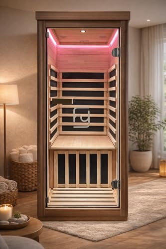Haoyao Indoor Infrared Hemlock & Okoume 1100W 1-Person MINI Sauna with LED Lights, Bluetooth Speakers – A Gift for Parents or Friends