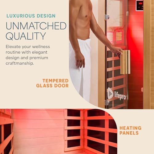 LifePro Rejuvacure Cozy Far Infrared Sauna with Red Light Therapy – 1 Person Home Sauna, 7 Carbon Fiber Heaters, Canadian Hemlock, Bluetooth & Chromotherapy – Indoor Relaxation & Wellness