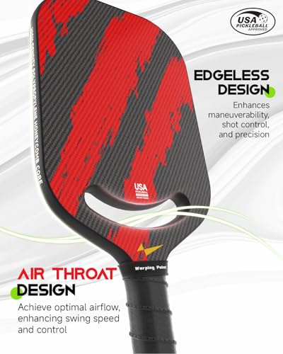 Warping Point Ascent Pickleball Paddles | Carbon Fiber Pickleball Racket with Aero Throat | Textured Grit Surface | 13mm Hexa Polymer Core | USAPA Approved | Designed for Power & Spin | Red