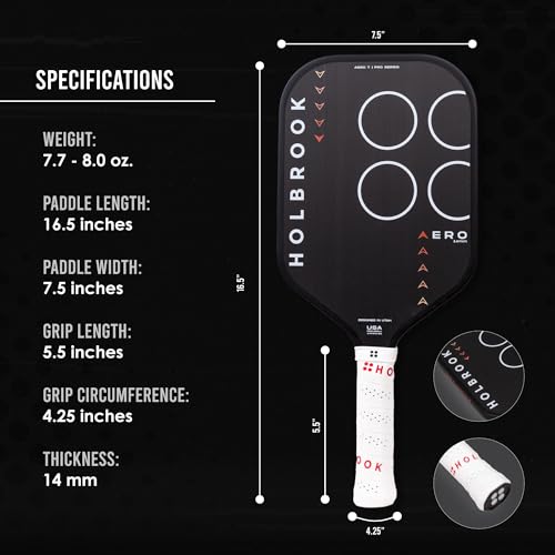 Holbrook Aero Series Carbon Fiber T: Edgeless Pickleball Paddle, USAPA Approved, Carbon Fiber Surface, Foam Polypropylene Core, Widened Sweet Spot, Controlled Touch - 14mm