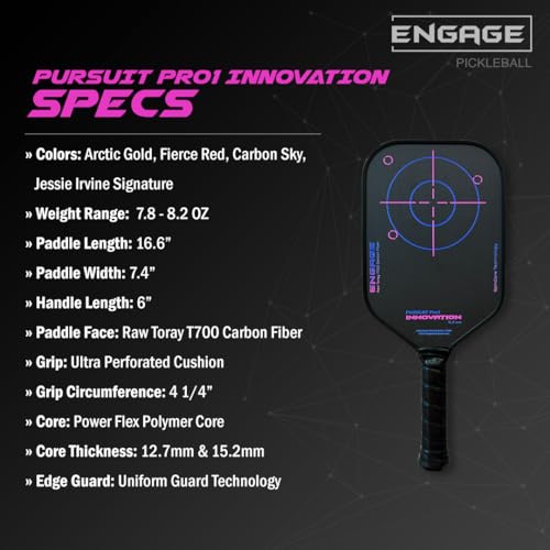 Engage Pursuit Pro1 Innovation Pickleball Paddle, Raw Carbon Fiber, 12.7mm, 7.8-8.2oz, USAPA-Approved, (Jessie Irvine Edition, 12.7mm Core)