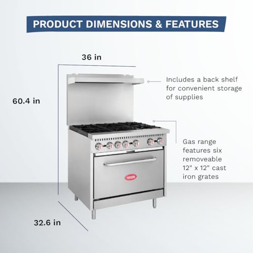 Kratos 36" Commercial Gas Range & Oven, 6 Burners and Full Size Oven, Natural Gas, 210,000 BTU Output, Freestanding Range for Restaurants (29Y-044-NAT)