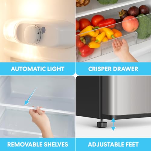 Simpli-Magic 10 Cu.Ft. Fridge with Freezer – Double Door Compact Refrigerator for Office, Dorm, Bedroom, Garage – Adjustable Thermostat, Large Capacity, Stainless Steel Finish