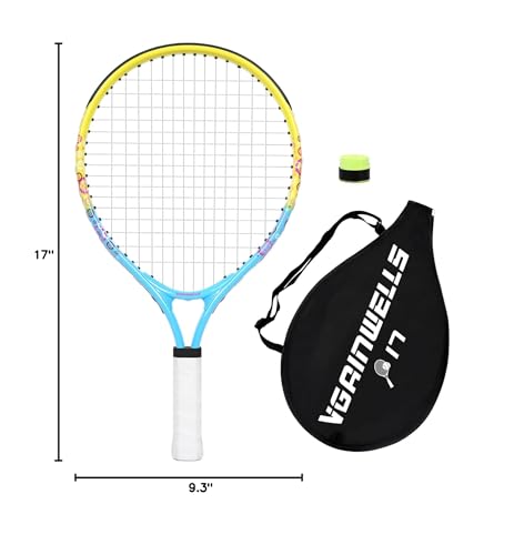 vgainwells 17"-23" Kids Tennis Racket for Aged 2-9, Lightweight and Durable,Including 1 Replacement Grip Tapes and 1 Toddler Tennis Racket（Yellow+Blue）