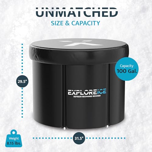 Explore Ice Bath Pro Max Extra Large Outdoor Inflatable Portable Athlete Cold Water Therapy Plunge Barrel Bath Tub with Lid and Carry Bag, Black/White