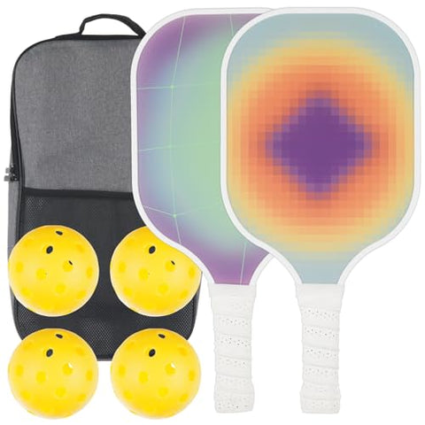 Pickleball Paddles Set, Premium Lightweight Fiberglass Surface Polypropylene Core Pickleball Rackets, Pickleball Set of 2 with 4 Outdoor Balls and Carry Bag for Beginners (Grid Fade)