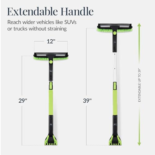 Best Choice Products 4 in 1 Snow Brush with Shovel, Squeegee & Ice Scraper, Up to 39" Extendable Foam Grip, 270° Pivoting Snow Brush for Car Truck SUV, Storage Bag Included - Lime