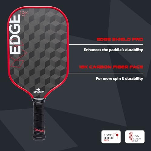 Diadem Edge 18K Pickleball Paddle USAPA Approved | 18K Carbon Fiber Face for Spin & Control | 16mm Control Paddle, Red