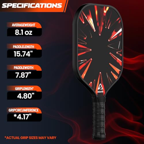 Akiefb Pickleball Paddles, T300 Carbon Fiber Pickleball Paddle with 4 Grip Tapes and a Carry Bag,14mm Polypropylene Honeycomb Core,Ideal Pickleball Training Equipment for Beginners (Flame)