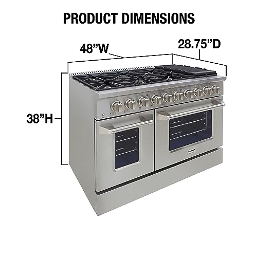 DUURA Elite Gas Range Cooktop, 48-Inch with Double Porcelain Convection Oven and Broil Function, 8 Sealed Burners Continuous Grates with Stainless Steel Construction, 6.7-Cu.Ft, Metallic