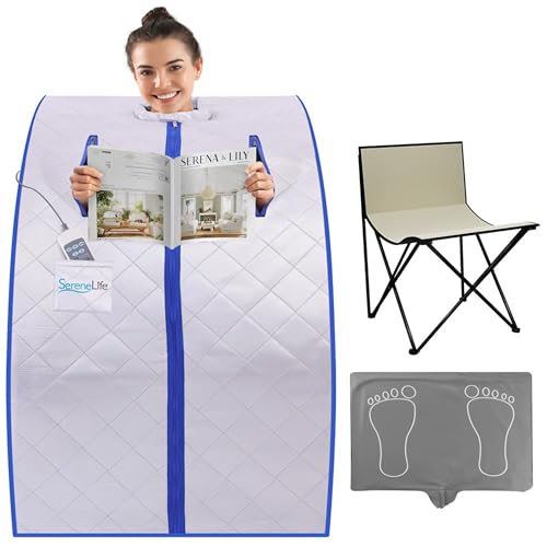 SereneLife Portable Sauna Box for Home, Infrared Sauna Tent with Heated Foot Pad and Folding Chair, Remote Control In-Home Spa, 38" x 32”