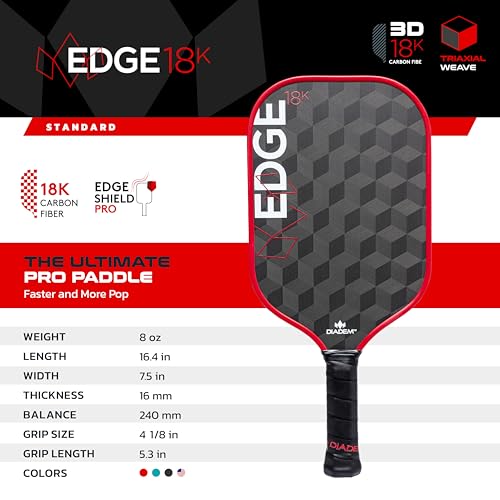 Diadem Edge 18K Pickleball Paddle USAPA Approved | 18K Carbon Fiber Face for Spin & Control | 16mm Control Paddle, Red