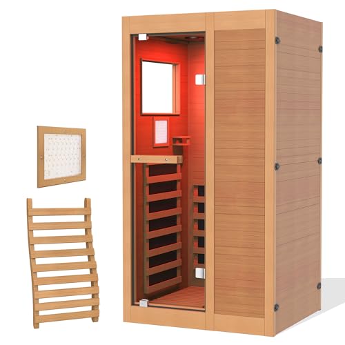 ROCSUMOO Infrared Sauna for 1 Person, Wooden Dry Sauna Room with backrest, 960W/120V Low EMF Indoor Saunas with Control Panel, 7-Color Therapy&Timer, Bluetooth Speakers for Home