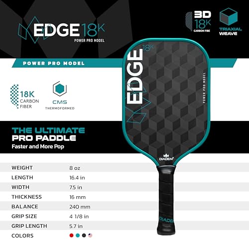 Diadem Edge 18K Power Pro Pickleball Paddle USAPA Approved | 18K Carbon Fiber Face for Spin & Control | 16mm Control Paddle, Teal