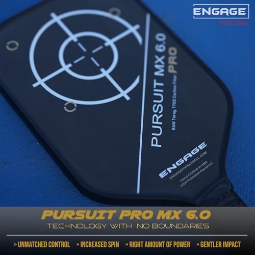 Engage Pursuit Pro MX 6.0 Pickleball Paddle – Elongated Shape, Raw Carbon Fiber Face, 16mm Control Pro “Black” Core, Vortex Barrier Edge Technology Limits Vibration – Lightweight