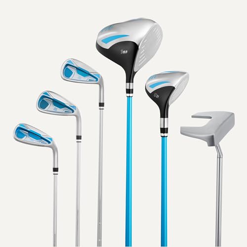 Amazon Basics Golf Club Set, 6- Piece with Stand Bag, Oversized Clubface, Low Center of Gravity, Right Handed, Blue/Black