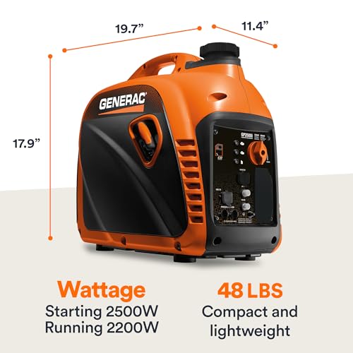 Generac 2,500-Watt Gas Powered Portable Inverter Generator - Lightweight and Compact Design - Produces Clean, Stable Power - Quiet Operation - Great for Home Backup, Camping, and RV Use